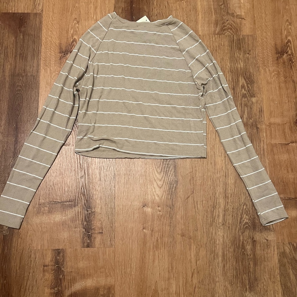 Super cute franchescas sweater tan color white stripes long sleeve size small